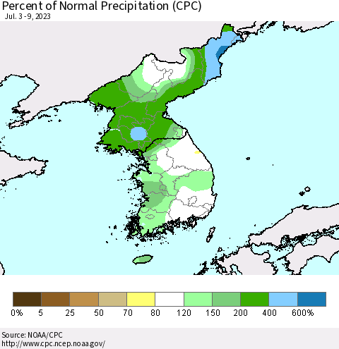 Korea Percent of Normal Precipitation (CPC) Thematic Map For 7/3/2023 - 7/9/2023