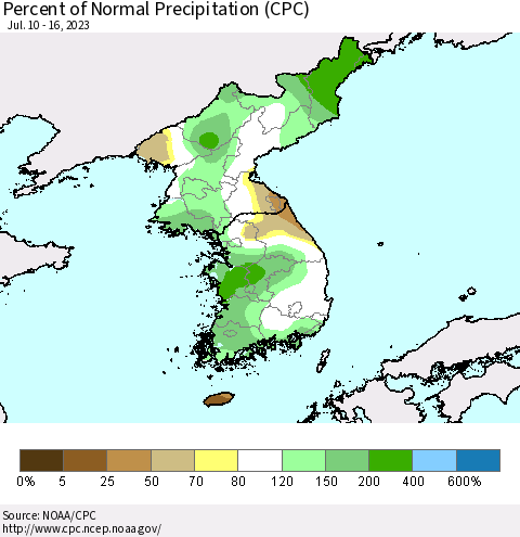 Korea Percent of Normal Precipitation (CPC) Thematic Map For 7/10/2023 - 7/16/2023