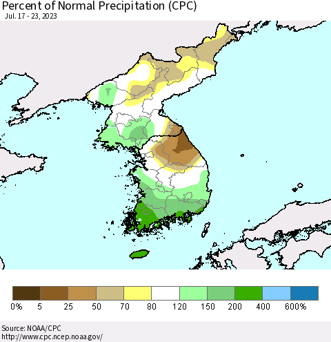 Korea Percent of Normal Precipitation (CPC) Thematic Map For 7/17/2023 - 7/23/2023
