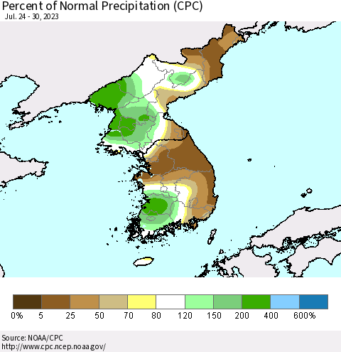 Korea Percent of Normal Precipitation (CPC) Thematic Map For 7/24/2023 - 7/30/2023
