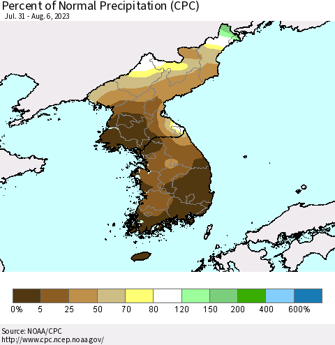 Korea Percent of Normal Precipitation (CPC) Thematic Map For 7/31/2023 - 8/6/2023