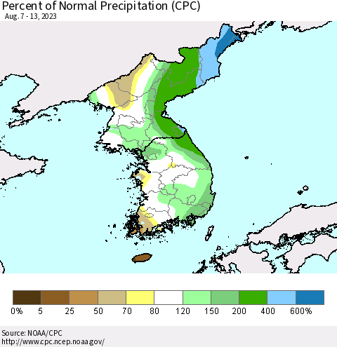 Korea Percent of Normal Precipitation (CPC) Thematic Map For 8/7/2023 - 8/13/2023
