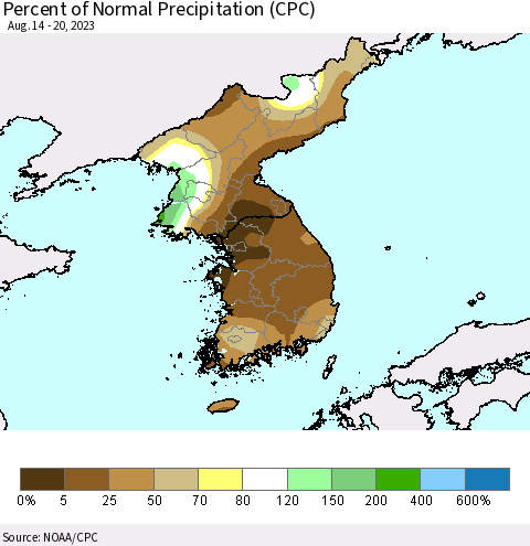Korea Percent of Normal Precipitation (CPC) Thematic Map For 8/14/2023 - 8/20/2023