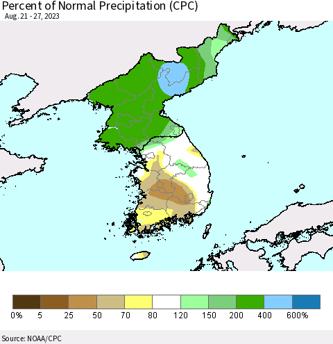 Korea Percent of Normal Precipitation (CPC) Thematic Map For 8/21/2023 - 8/27/2023