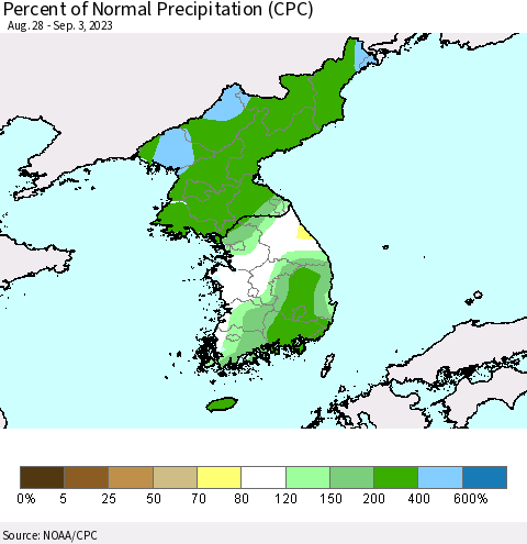 Korea Percent of Normal Precipitation (CPC) Thematic Map For 8/28/2023 - 9/3/2023