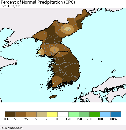 Korea Percent of Normal Precipitation (CPC) Thematic Map For 9/4/2023 - 9/10/2023