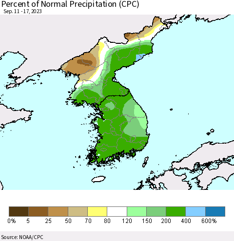 Korea Percent of Normal Precipitation (CPC) Thematic Map For 9/11/2023 - 9/17/2023