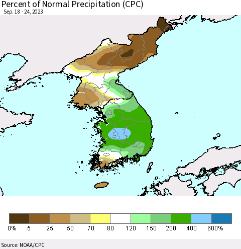 Korea Percent of Normal Precipitation (CPC) Thematic Map For 9/18/2023 - 9/24/2023