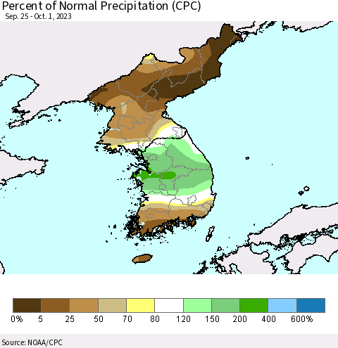 Korea Percent of Normal Precipitation (CPC) Thematic Map For 9/25/2023 - 10/1/2023