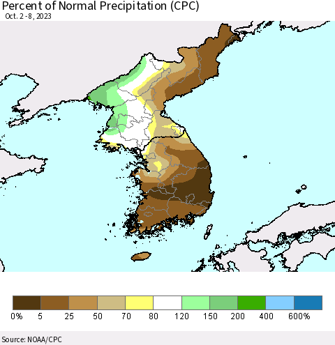 Korea Percent of Normal Precipitation (CPC) Thematic Map For 10/2/2023 - 10/8/2023