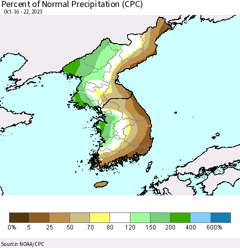 Korea Percent of Normal Precipitation (CPC) Thematic Map For 10/16/2023 - 10/22/2023
