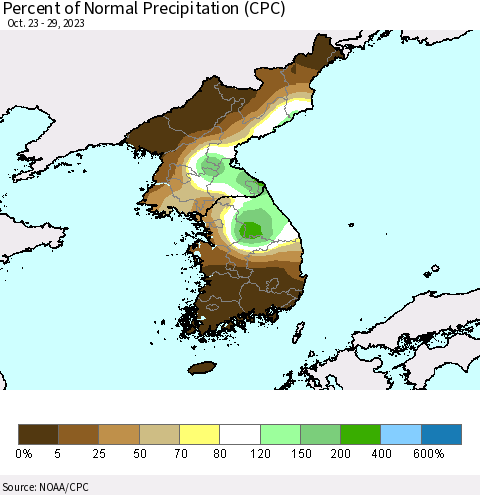 Korea Percent of Normal Precipitation (CPC) Thematic Map For 10/23/2023 - 10/29/2023