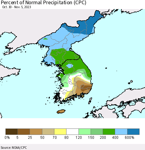 Korea Percent of Normal Precipitation (CPC) Thematic Map For 10/30/2023 - 11/5/2023