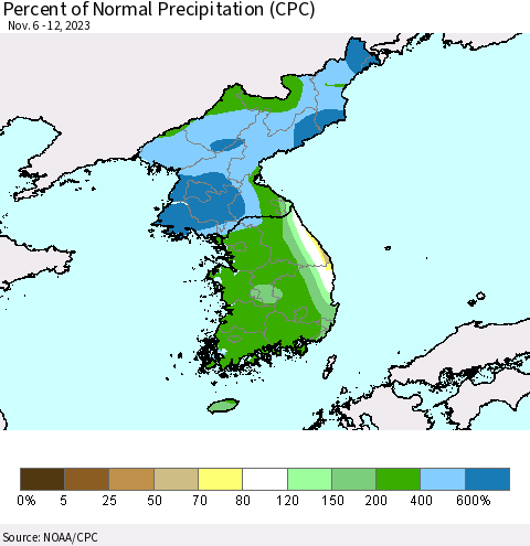 Korea Percent of Normal Precipitation (CPC) Thematic Map For 11/6/2023 - 11/12/2023
