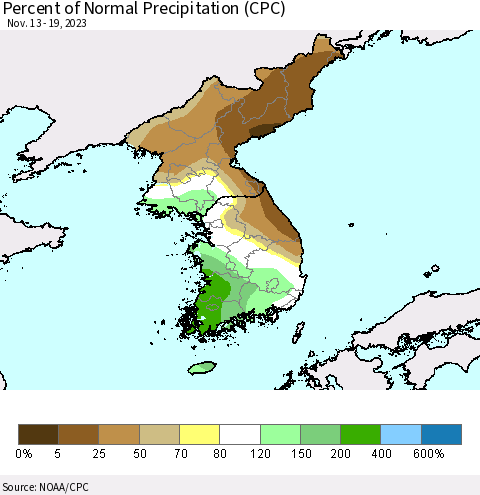 Korea Percent of Normal Precipitation (CPC) Thematic Map For 11/13/2023 - 11/19/2023