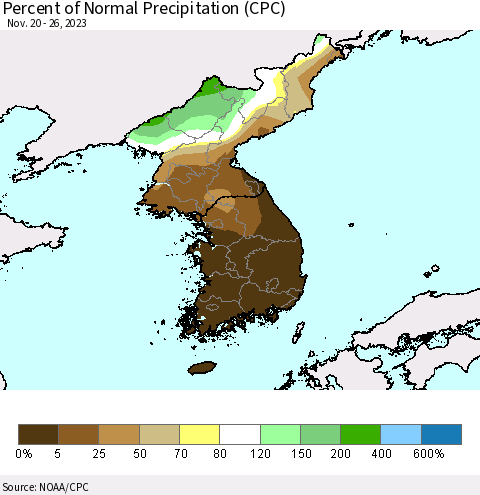 Korea Percent of Normal Precipitation (CPC) Thematic Map For 11/20/2023 - 11/26/2023