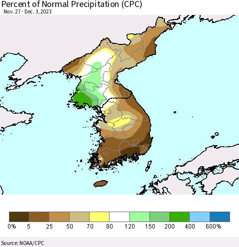 Korea Percent of Normal Precipitation (CPC) Thematic Map For 11/27/2023 - 12/3/2023