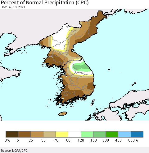 Korea Percent of Normal Precipitation (CPC) Thematic Map For 12/4/2023 - 12/10/2023