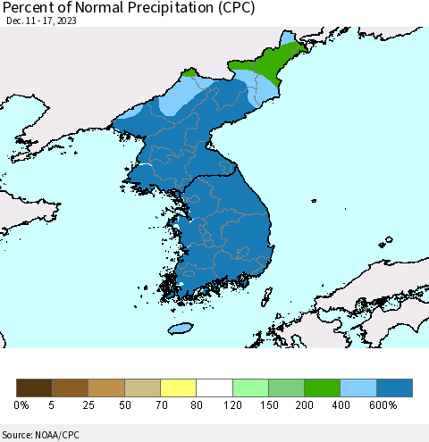 Korea Percent of Normal Precipitation (CPC) Thematic Map For 12/11/2023 - 12/17/2023