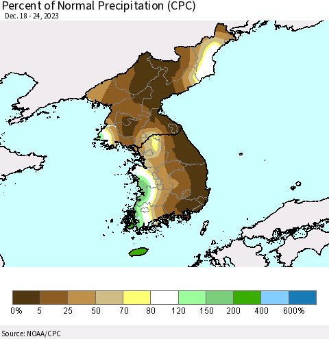 Korea Percent of Normal Precipitation (CPC) Thematic Map For 12/18/2023 - 12/24/2023
