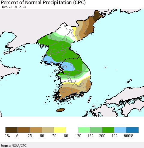 Korea Percent of Normal Precipitation (CPC) Thematic Map For 12/25/2023 - 12/31/2023