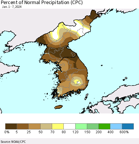 Korea Percent of Normal Precipitation (CPC) Thematic Map For 1/1/2024 - 1/7/2024