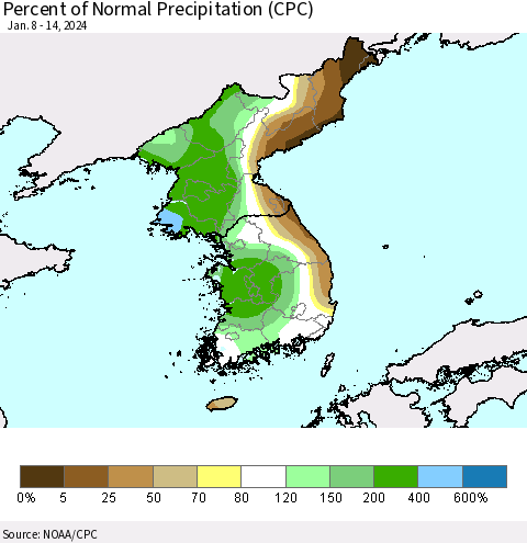 Korea Percent of Normal Precipitation (CPC) Thematic Map For 1/8/2024 - 1/14/2024