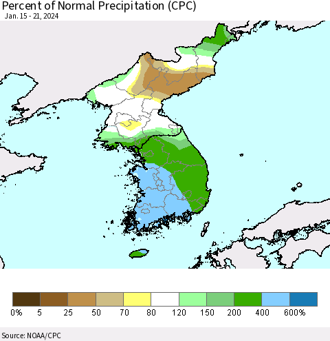 Korea Percent of Normal Precipitation (CPC) Thematic Map For 1/15/2024 - 1/21/2024