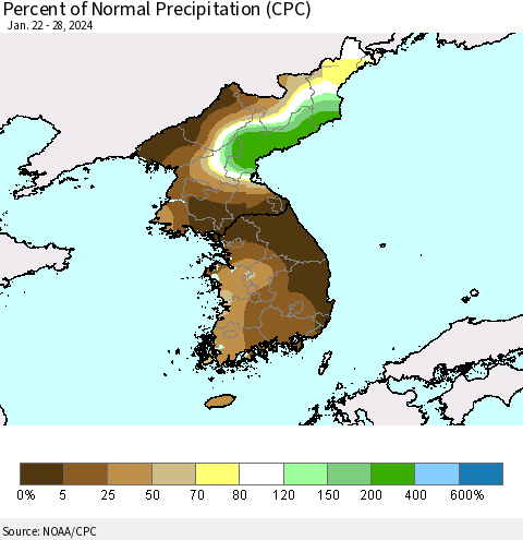 Korea Percent of Normal Precipitation (CPC) Thematic Map For 1/22/2024 - 1/28/2024