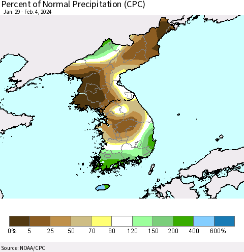 Korea Percent of Normal Precipitation (CPC) Thematic Map For 1/29/2024 - 2/4/2024