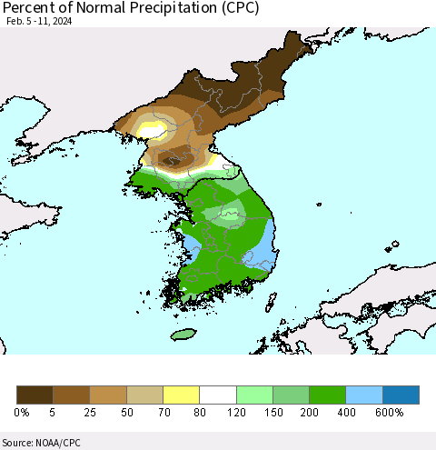 Korea Percent of Normal Precipitation (CPC) Thematic Map For 2/5/2024 - 2/11/2024