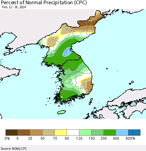 Korea Percent of Normal Precipitation (CPC) Thematic Map For 2/12/2024 - 2/18/2024