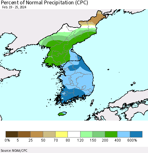 Korea Percent of Normal Precipitation (CPC) Thematic Map For 2/19/2024 - 2/25/2024