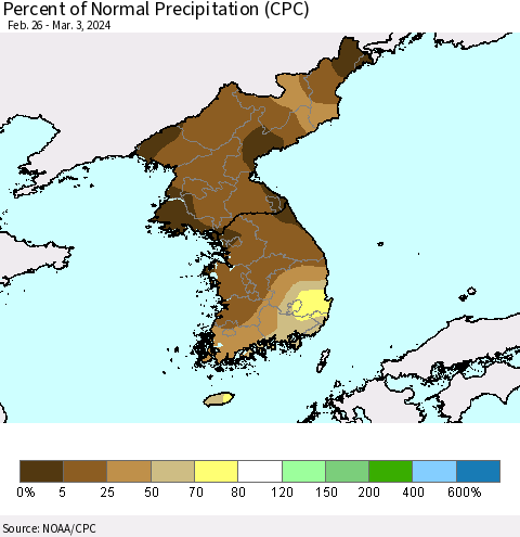 Korea Percent of Normal Precipitation (CPC) Thematic Map For 2/26/2024 - 3/3/2024
