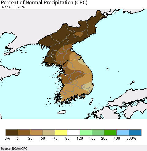 Korea Percent of Normal Precipitation (CPC) Thematic Map For 3/4/2024 - 3/10/2024