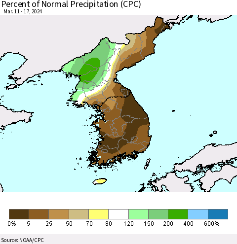 Korea Percent of Normal Precipitation (CPC) Thematic Map For 3/11/2024 - 3/17/2024