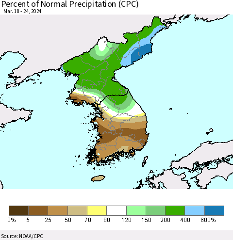Korea Percent of Normal Precipitation (CPC) Thematic Map For 3/18/2024 - 3/24/2024