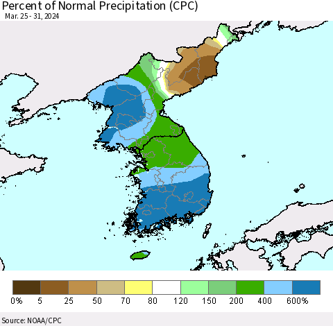 Korea Percent of Normal Precipitation (CPC) Thematic Map For 3/25/2024 - 3/31/2024