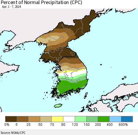 Korea Percent of Normal Precipitation (CPC) Thematic Map For 4/1/2024 - 4/7/2024