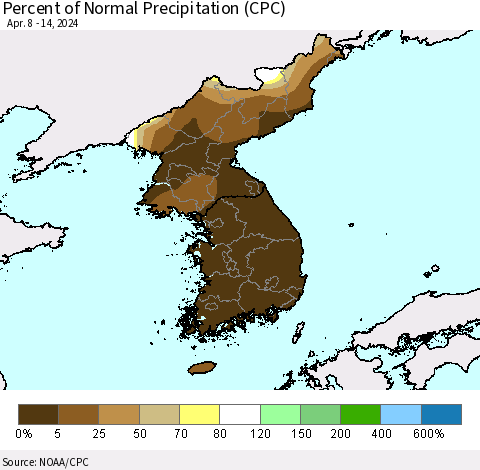 Korea Percent of Normal Precipitation (CPC) Thematic Map For 4/8/2024 - 4/14/2024