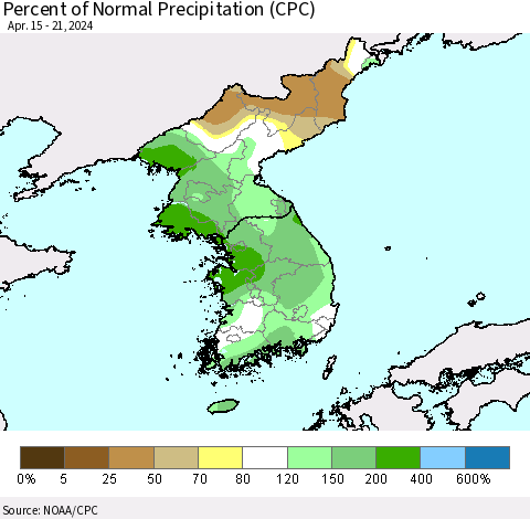 Korea Percent of Normal Precipitation (CPC) Thematic Map For 4/15/2024 - 4/21/2024