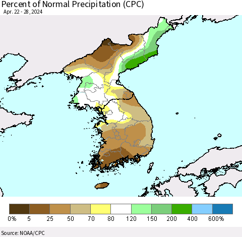 Korea Percent of Normal Precipitation (CPC) Thematic Map For 4/22/2024 - 4/28/2024
