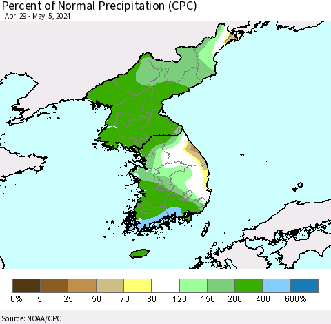 Korea Percent of Normal Precipitation (CPC) Thematic Map For 4/29/2024 - 5/5/2024