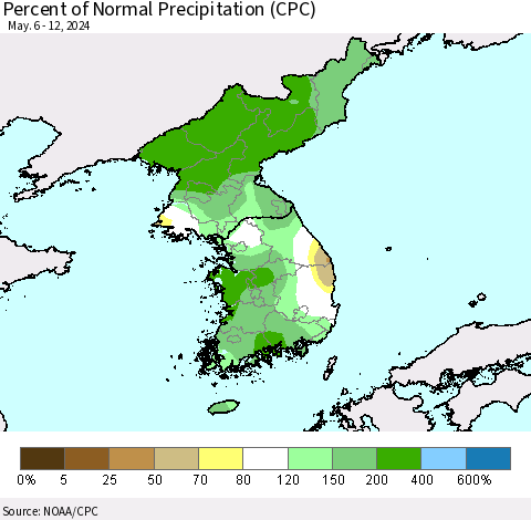 Korea Percent of Normal Precipitation (CPC) Thematic Map For 5/6/2024 - 5/12/2024