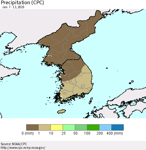 Korea Precipitation (CPC) Thematic Map For 1/7/2019 - 1/13/2019