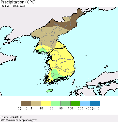 Korea Precipitation (CPC) Thematic Map For 1/28/2019 - 2/3/2019