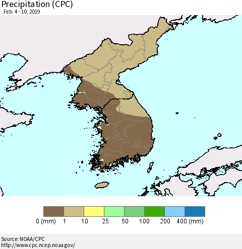 Korea Precipitation (CPC) Thematic Map For 2/4/2019 - 2/10/2019