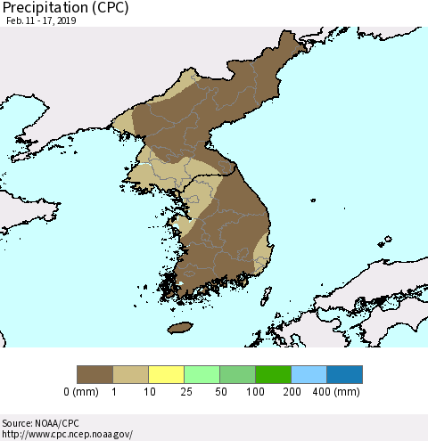 Korea Precipitation (CPC) Thematic Map For 2/11/2019 - 2/17/2019