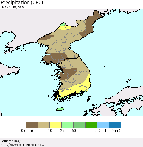 Korea Precipitation (CPC) Thematic Map For 3/4/2019 - 3/10/2019
