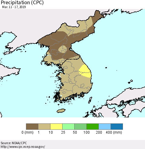 Korea Precipitation (CPC) Thematic Map For 3/11/2019 - 3/17/2019